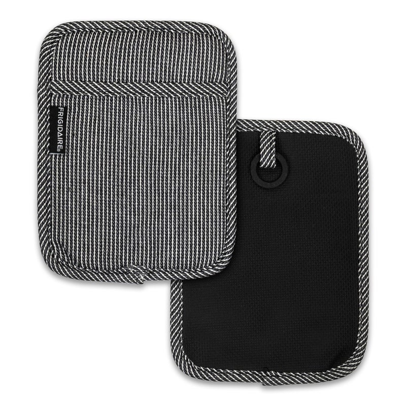 Frigidaire Layla 2-Pack Cotton and Neoprene Pot Holders, Heat Resistant, Anti-Slip, Machine Washable, 7" x 9", Black, Set of 2