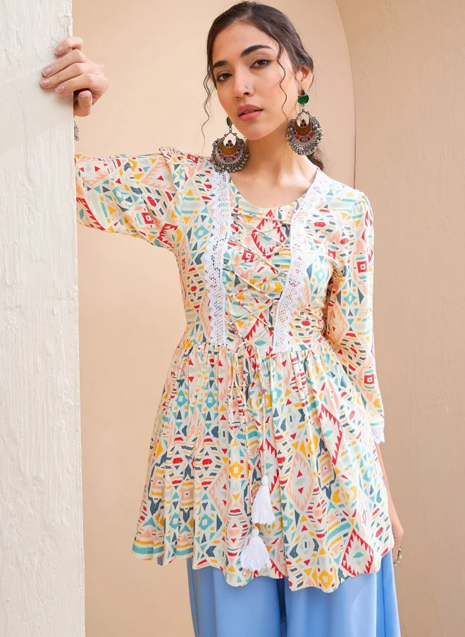 SASSAFRAS Geometric Printed Gotta Patti Kurti for Women