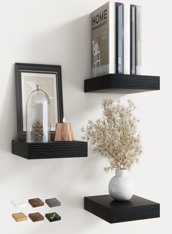 Marsmiles 8 Inch Square Floating Shelves for Wall 3 Pack, 8"D Wood Grain Bathroom Shelves with Invisible Brackets, Easy Install Engineered Wood Storage Shelves for Kitchen, Living Room, Bedroom, Black Finish - Image 1