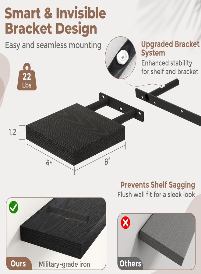 Marsmiles 8 Inch Square Floating Shelves for Wall 3 Pack, 8"D Wood Grain Bathroom Shelves with Invisible Brackets, Easy Install Engineered Wood Storage Shelves for Kitchen, Living Room, Bedroom, Black Finish - Image 3