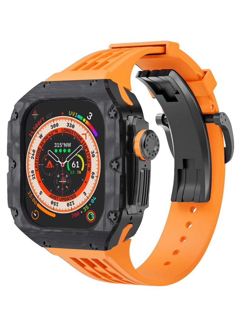 AROAQ Carbon Fiber Case For Apple Watch, 49mm Fluororubber Band Metal Bazel For Iwatch, Ultra Titanium Alloy Integrated Protective Case, (Carbon shell-black titanium frame-orange tape) - Image 1