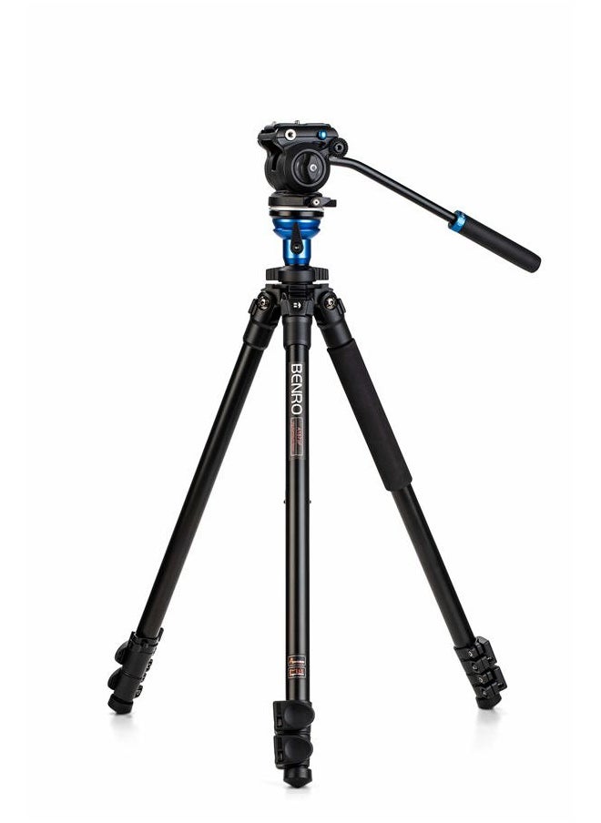 BENRO Video Tripod with S2 PRO Flat Base Fluid Video Head, 5.5 lb Max, Leveling Center Column, Aluminum Legs, Flip Lock, Carrying Case (A1573FS2PRO)  - Image 1