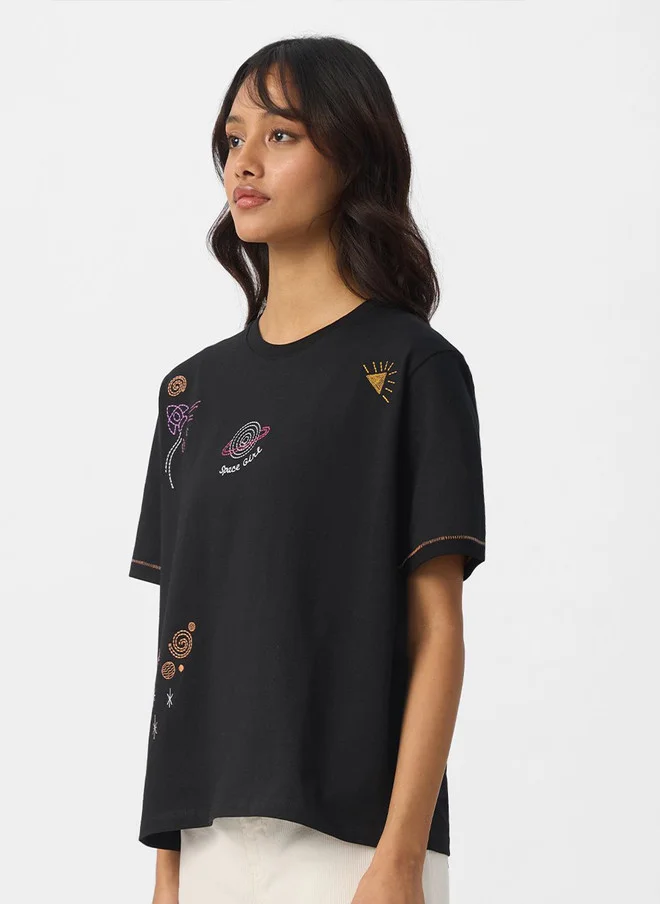 The Souled Store  Relaxed Fit Graphic Print Black T-Shirt for Women  | Best Price UAE