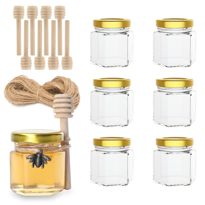 Rormket 1.5oz 6Pack Mini Glass Hexagon Jars Gold Lids, Bronze Bee Charms Honeybee Pendant, Honey Dipper Sticks, Jute Tag Stringï¼ŒWedding Favorsï¼ŒBaby Foodï¼ŒCandleï¼ŒCrafts Canning Glasses Jar (Bronze) - Image 1