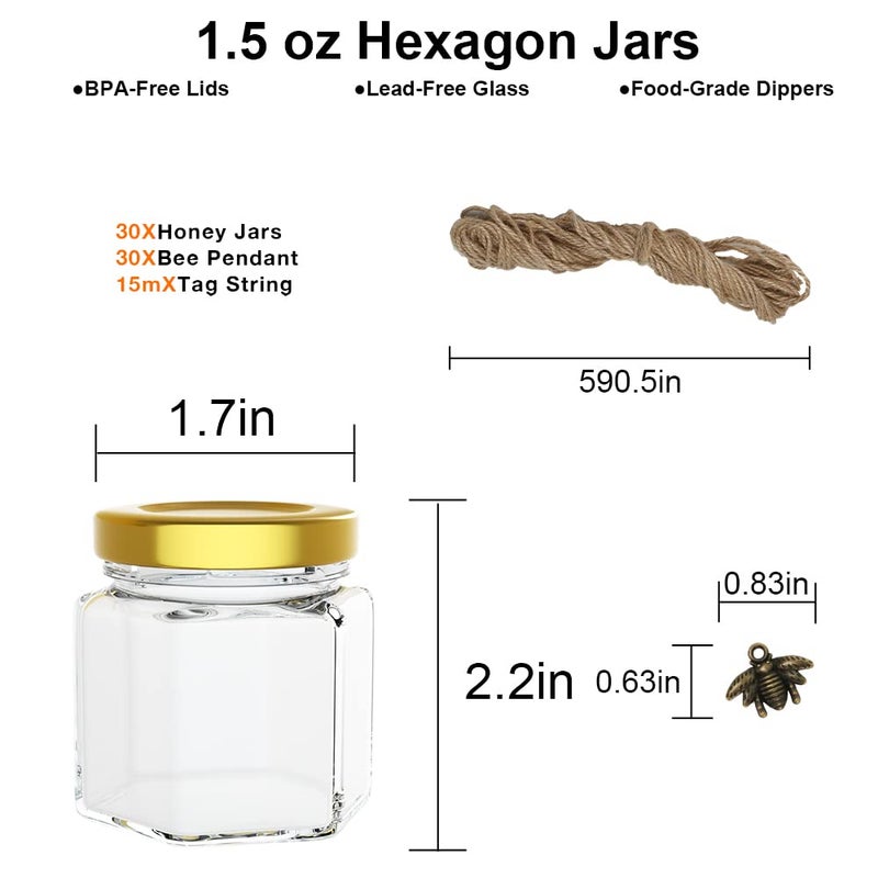 Rormket 1.5oz 6Pack Mini Glass Hexagon Jars Gold Lids, Bronze Bee Charms Honeybee Pendant, Honey Dipper Sticks, Jute Tag Stringï¼ŒWedding Favorsï¼ŒBaby Foodï¼ŒCandleï¼ŒCrafts Canning Glasses Jar (Bronze) - Image 2
