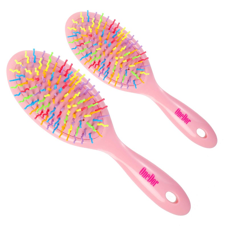 OneDor Rainbow SCurve Ball tipped Air Volume Paddle Hair Brush with Flexible Cushion Base for Hair  Detangling Comb 2 Set  Pink