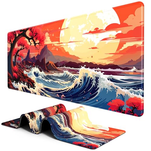BOSOBO Large Desk Mat, Extended Gaming & Office Home Mat, Long Keyboard Mat, Desktop Full Cover 31.5 x 11.8 Inches, Anime Japan Kanagawa Wave - Image 1