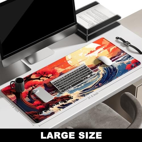 BOSOBO Large Desk Mat, Extended Gaming & Office Home Mat, Long Keyboard Mat, Desktop Full Cover 31.5 x 11.8 Inches, Anime Japan Kanagawa Wave - Image 2