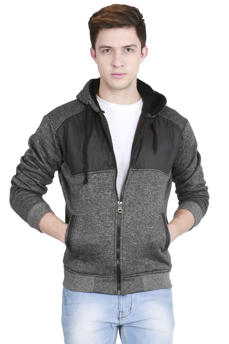 fanideaz Cotton Fleece Hooded Sweatshirt with Pocket for Mens_BlackGrindle_XL - Image 1