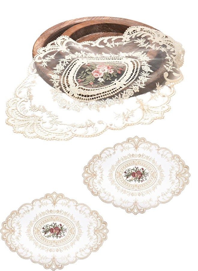 2Pack Retro French Style  Lace Placemats, French Crochet Doilies, Embroidered Vintage Victorian Decor Cup Mat for Coquette Room Decor, French Country Decor, Apricot, Oval - Image 1