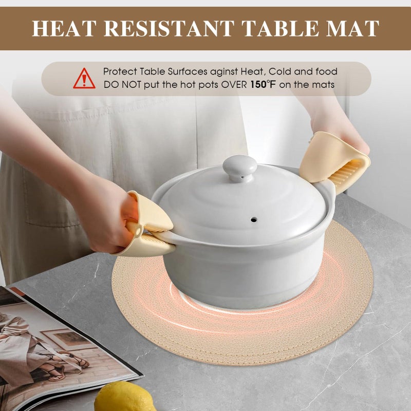 Jovono Set of 6 Faux Leather Gold Round Placemats and Coasters  Coffee Mats Kitchen Table Mats  Waterproof  Easy to Clean for Kitchen Dining Round Table - Image 3