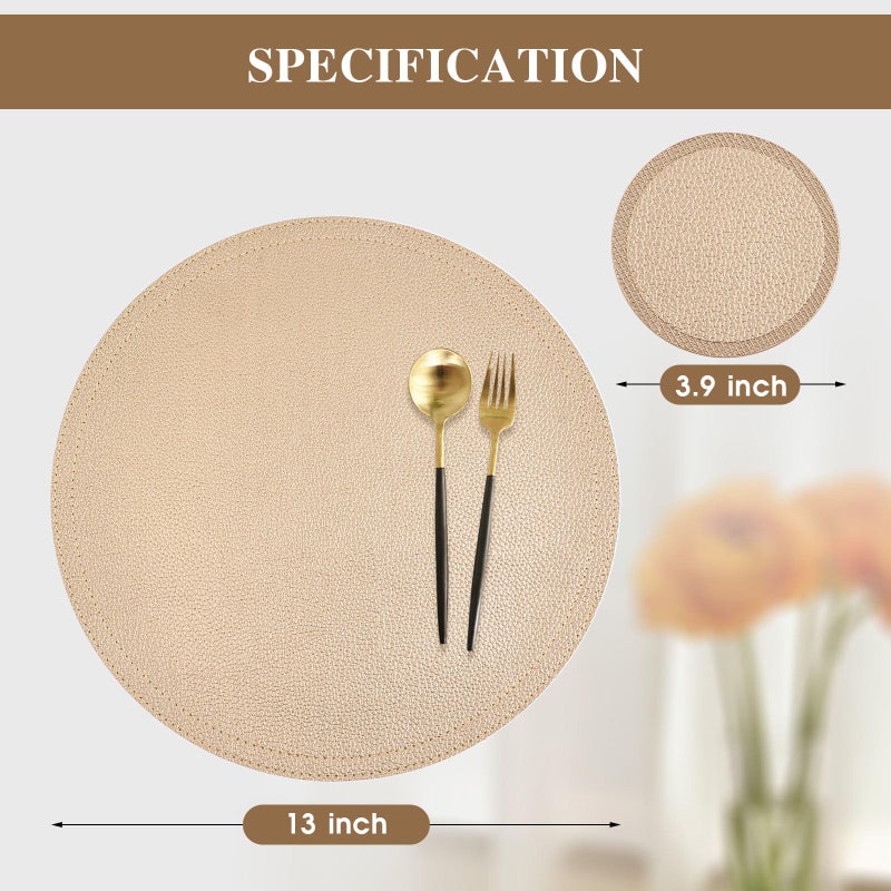 Jovono Set of 6 Faux Leather Gold Round Placemats and Coasters  Coffee Mats Kitchen Table Mats  Waterproof  Easy to Clean for Kitchen Dining Round Table - Image 4