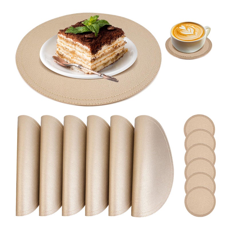 Jovono Set of 6 Faux Leather Gold Round Placemats and Coasters  Coffee Mats Kitchen Table Mats  Waterproof  Easy to Clean for Kitchen Dining Round Table - Image 1