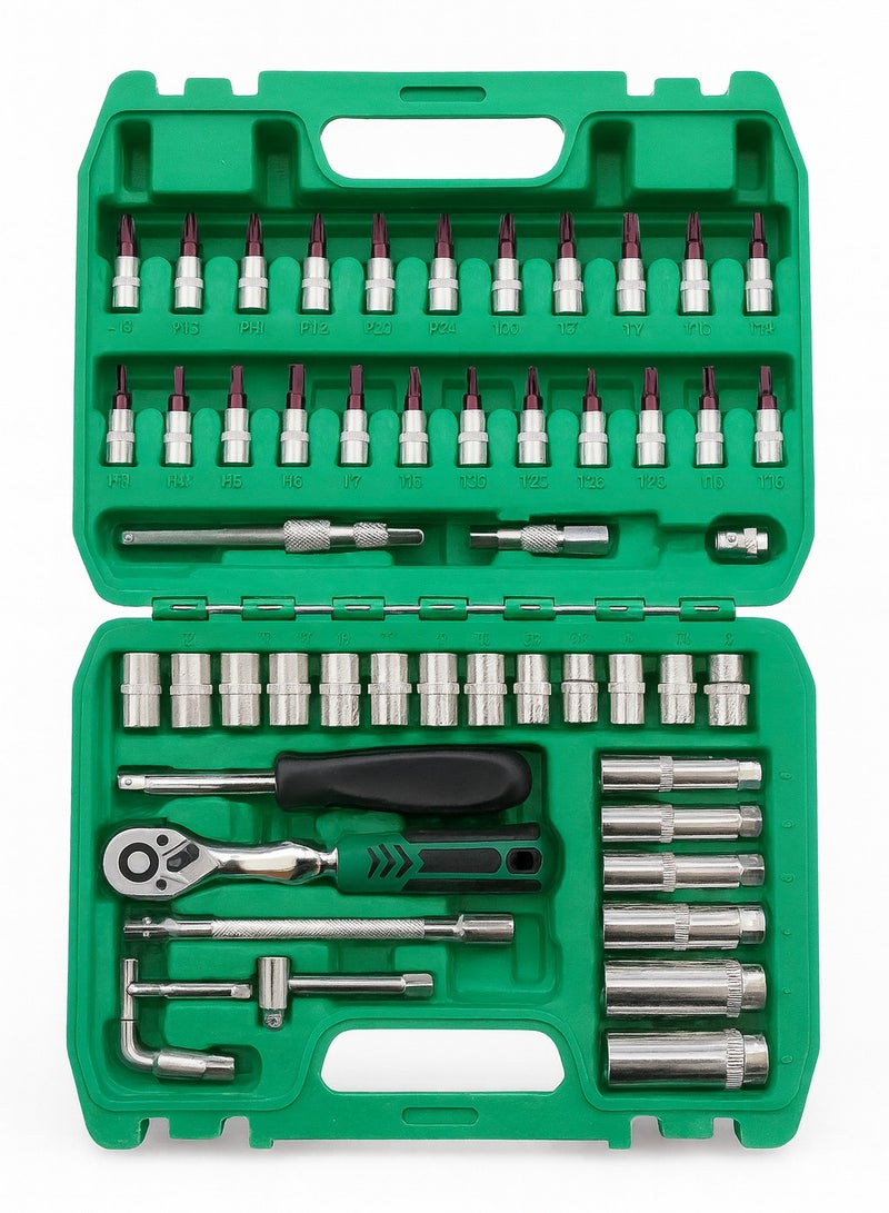53-Piece CR-V 1/4" Drive Socket Set with Ratchet, Extensions, Hex Keys & Bits in Heavy-Duty Carry Case for Home & Automotive Use - Image 2