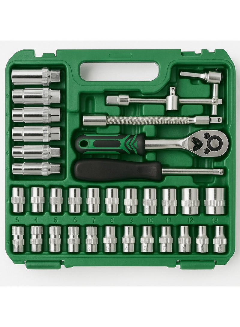 53-Piece CR-V 1/4" Drive Socket Set with Ratchet, Extensions, Hex Keys & Bits in Heavy-Duty Carry Case for Home & Automotive Use - Image 4