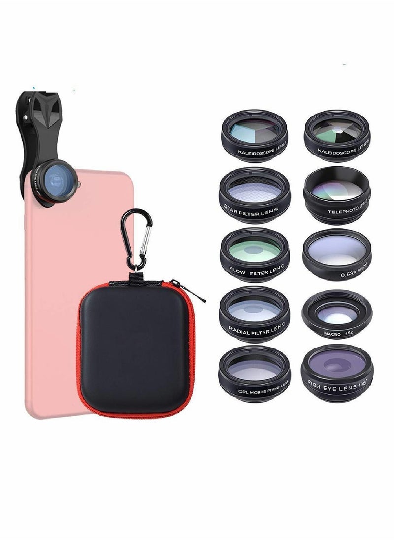 Y&D - Phone Camera Lens Kit with 0.63X Wide Angle, 15X Macro, 198 Degree Fisheye, 2X Telephoto, CPL, Star Filter, Radial Flow Kaleidoscope 3, 6 Compatible Android iPhone - Image 1