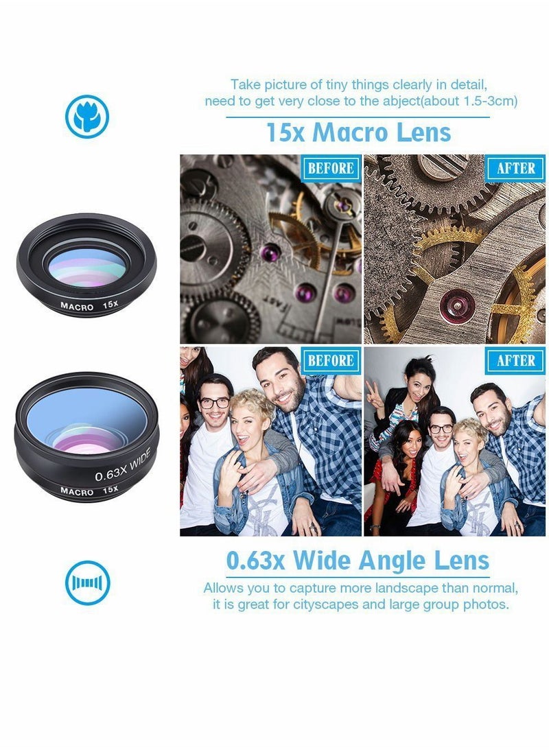 Y&D - Phone Camera Lens Kit with 0.63X Wide Angle, 15X Macro, 198 Degree Fisheye, 2X Telephoto, CPL, Star Filter, Radial Flow Kaleidoscope 3, 6 Compatible Android iPhone - Image 1