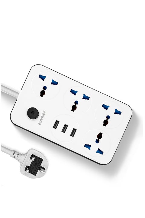 5 meter Universal Power Extension Cord with 4 Power Plugs and 3 USB Outlets, 4 Way Power Strip with 3 USB Slots, Extension Lead 5 meters