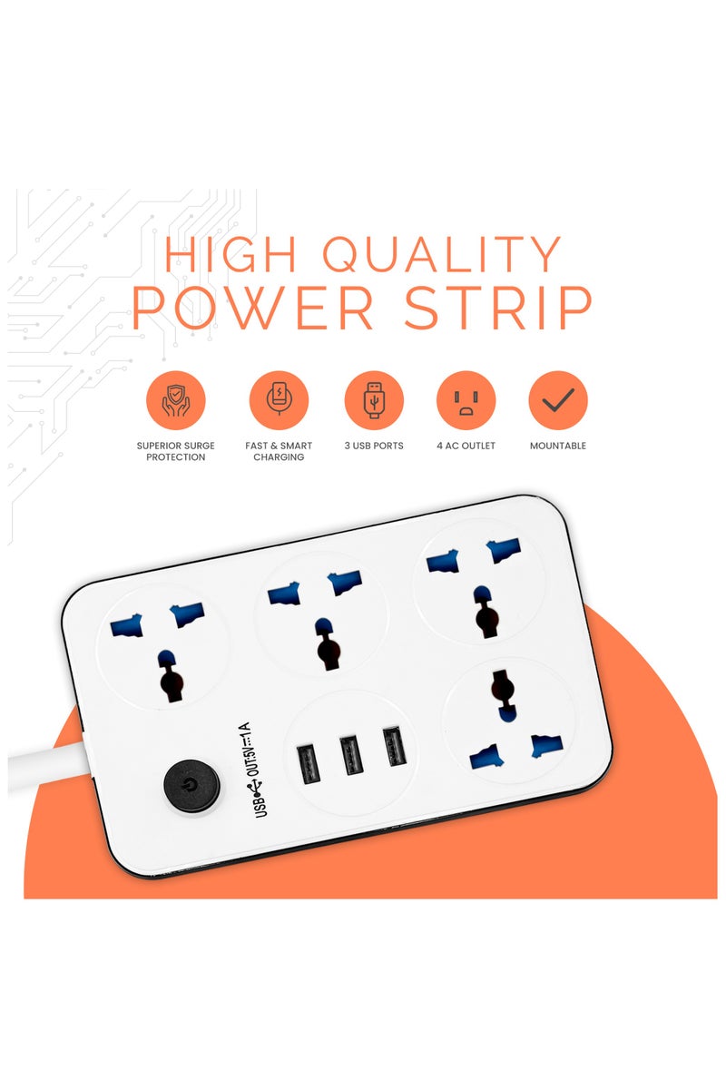 ELONSEY 5 meter Universal Power Extension Cord with 4 Power Plugs and 3 USB Outlets, 4 Way Power Strip with 3 USB Slots, Extension Lead 5 meters  - Image 2
