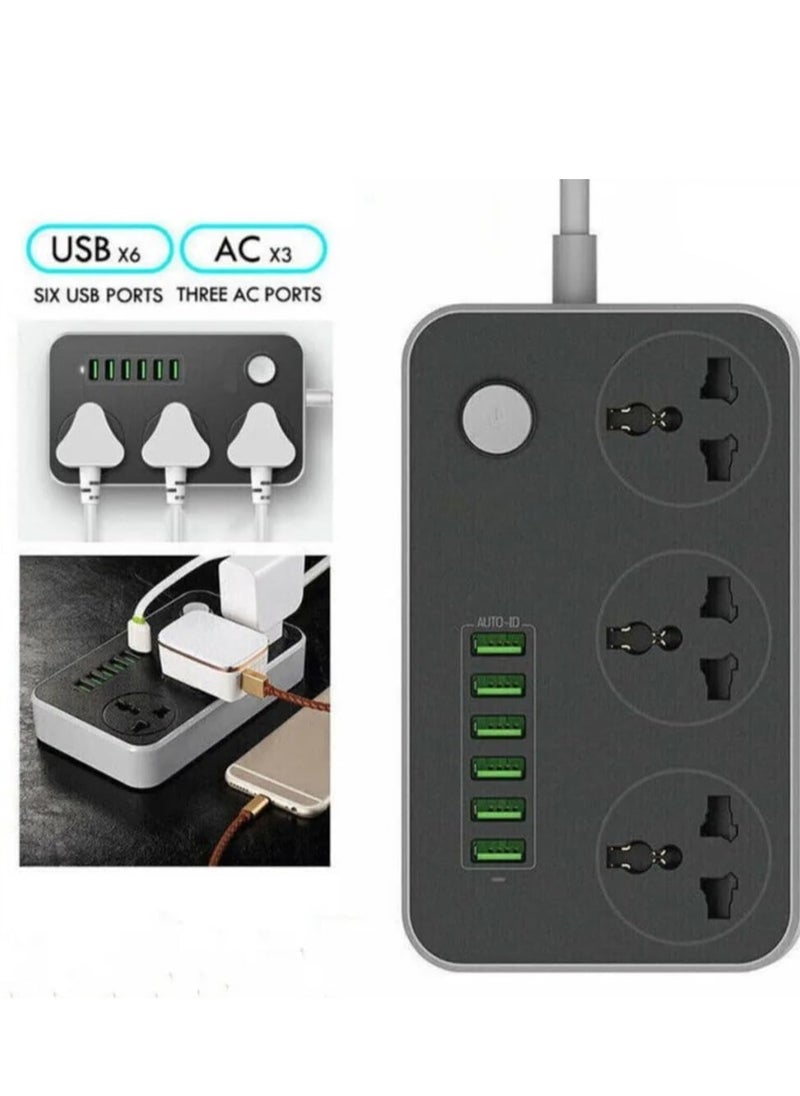Zahaa - Unviersal Power Strips Extension Cord | 3 Sockets Universal Plug Adapter with 6 USB Ports Bold Extension Cable | Power Socket | Extension Board | Extension Cable | Extension Socket 2m (White) - Image 1