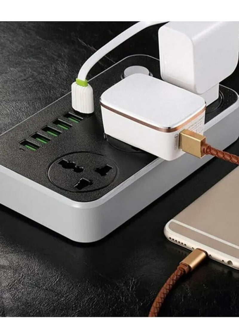 Zahaa - Unviersal Power Strips Extension Cord | 3 Sockets Universal Plug Adapter with 6 USB Ports Bold Extension Cable | Power Socket | Extension Board | Extension Cable | Extension Socket 2m (White) - Image 1