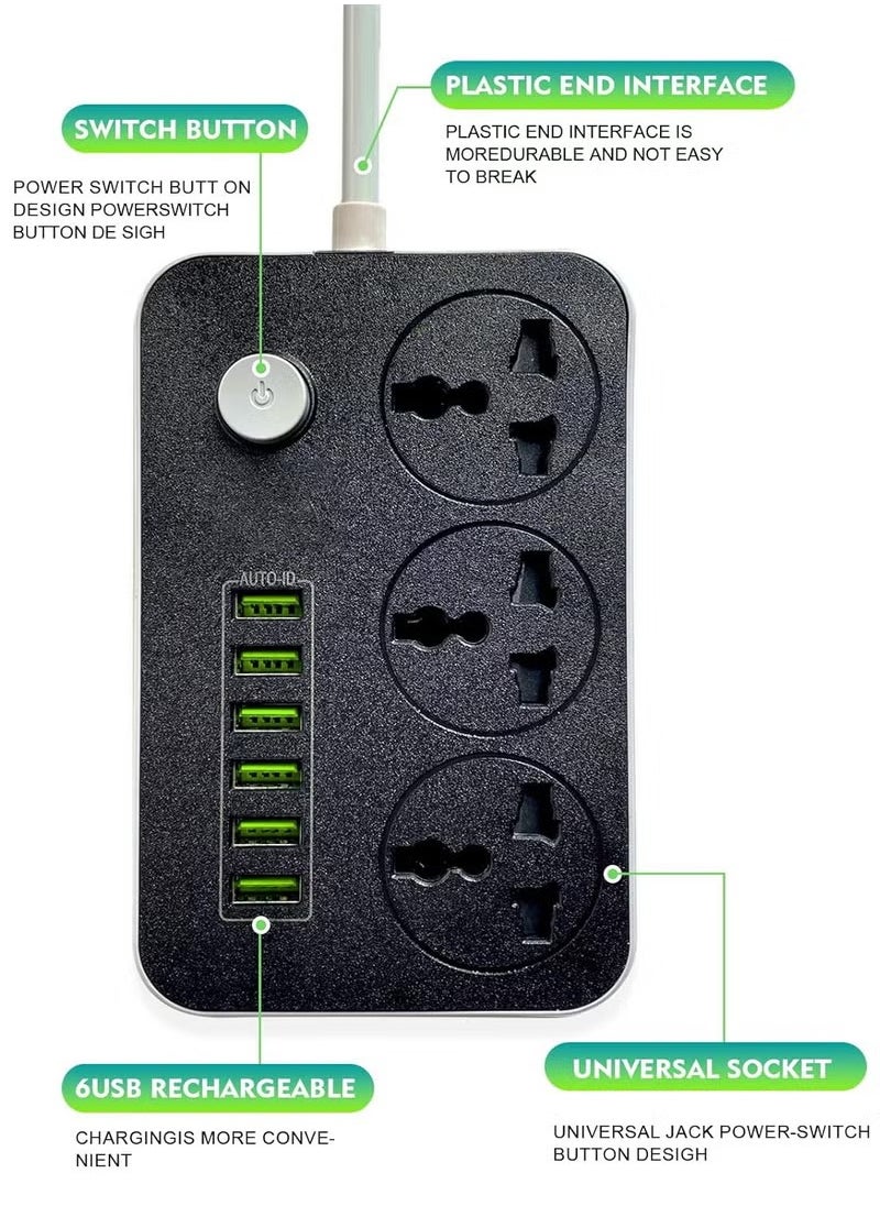 Zahaa - Unviersal Power Strips Extension Cord | 3 Sockets Universal Plug Adapter with 6 USB Ports Bold Extension Cable | Power Socket | Extension Board | Extension Cable | Extension Socket 2m (White) - Image 1
