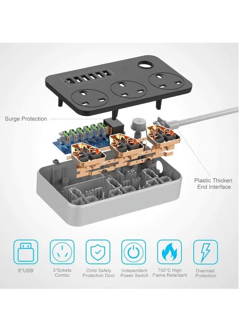 Zahaa - Unviersal Power Strips Extension Cord | 3 Sockets Universal Plug Adapter with 6 USB Ports Bold Extension Cable | Power Socket | Extension Board | Extension Cable | Extension Socket 2m (White) - Image 1