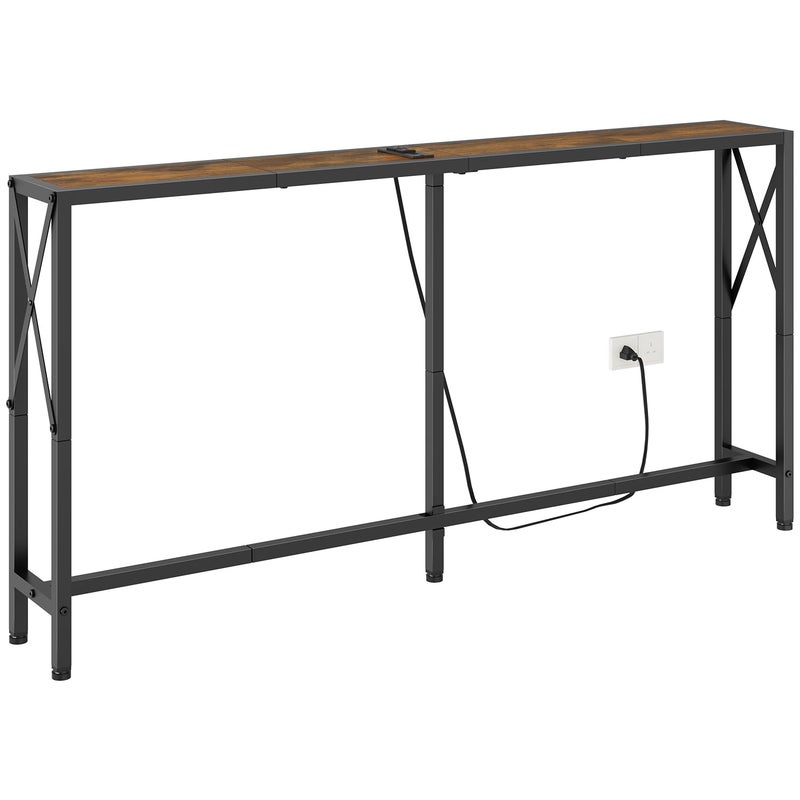 Gewudraw Console Table with Oulets and USB Ports 551 Sofa Table Behind Couch Industrial Long Skinny Stand for Hallway Living Room Bedroom 65 Feet Power Cord Rustic Brown