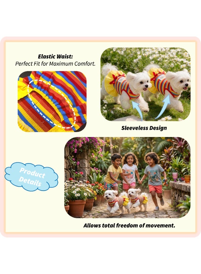 Vibrant Tropical Rainbow Pet Dress - Breathable Bright Striped Summer Puppy Outfit with Bow-Knot, Ruffled Skirt Hem Cat Clothes, Anti-Shedding Thin Dog Apparel, Easy-to-find, Size M - Image 4