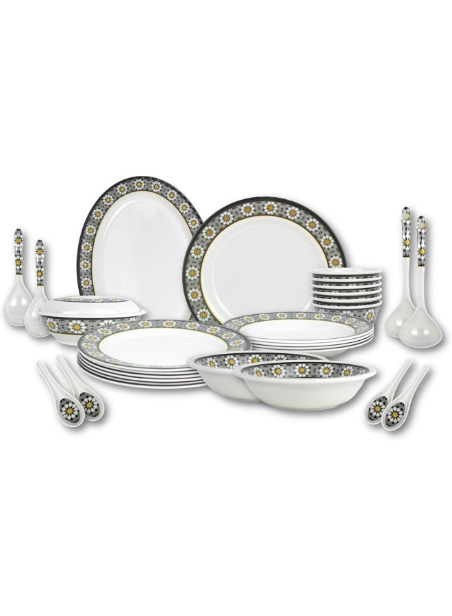 Melrich 26-Piece Melamine Dinner Set With 4 X 25 Cm Dinner Plates, 4 X 20 Cm Soup Plates, 1 X 30 Cm Serving Plate, 1 X 23 Cm Bowl, 4 X 13 Cm Rice Bowl, 2 X 18 Cm Salad Bowl, 4 X Rice Laddle, 4 X Curry Ladle, 4 X Soup Spoon, Serves 4, White - Image 1