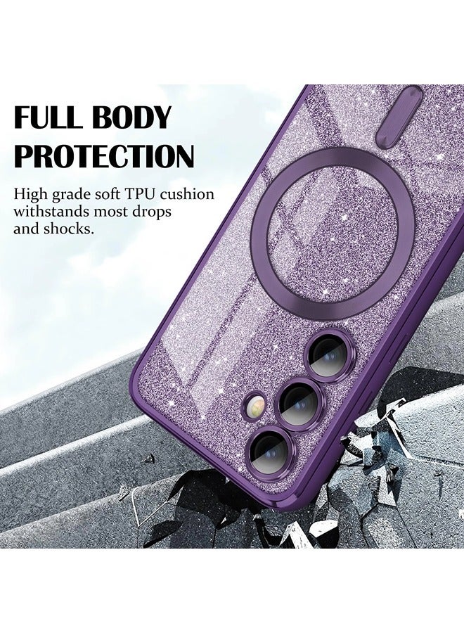 ShebSheb for Samsung Galaxy S24 Case Glitter, Clear Magnetic Phone Cases with Camera Lens Protector [Compatible with MagSafe] Bling Sparkle Plating Soft TPU Slim ShockProof Protective Cover - Image 3