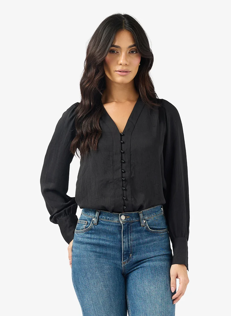 V-Neck Long Sleeve Woven Shirt