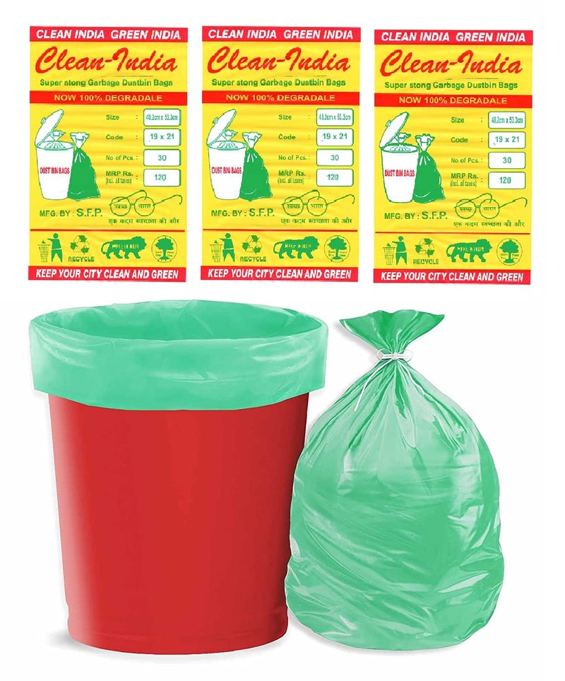 Clean India Garbage bags Clean India - 3 Packs Medium Garbage Bags for Dry and Wet Waste,(90 pcs) (Green) - Image 1