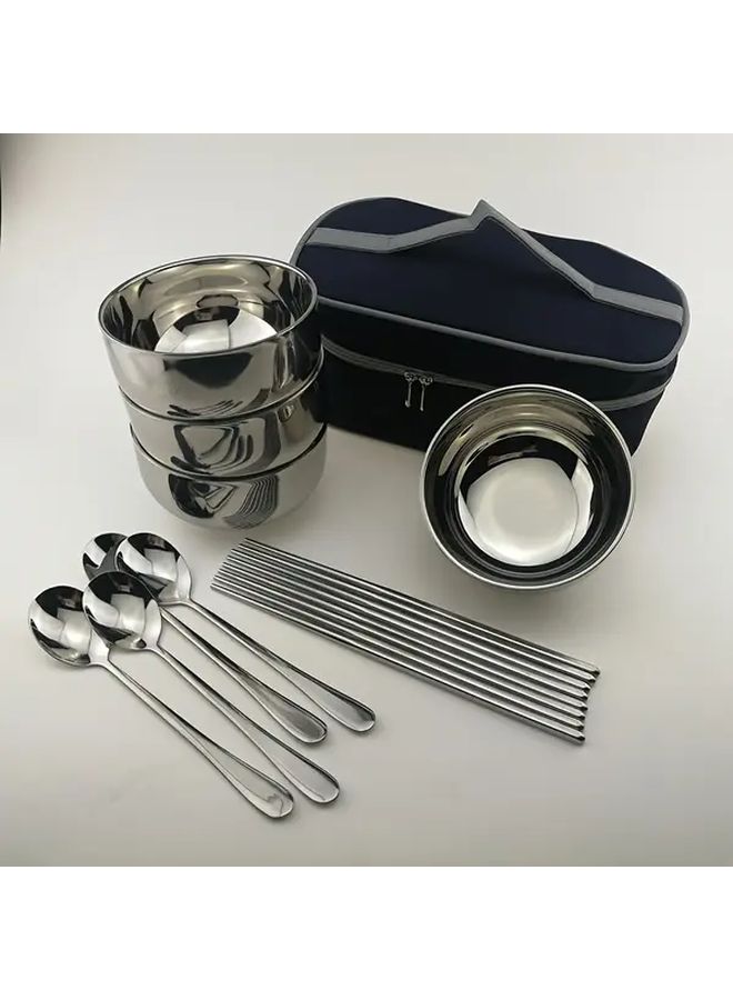 Blue Stainless Steel Folding Portable Bowl Spoon Single Tableware Set For Outdoor Camping Picnic Travel - Image 2