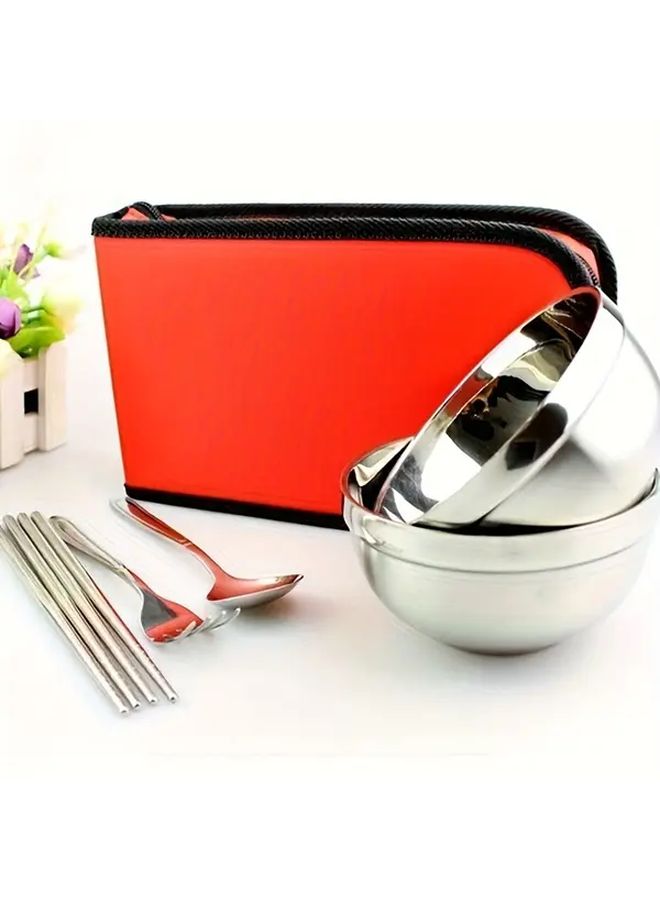 Blue Stainless Steel Folding Portable Bowl Spoon Single Tableware Set For Outdoor Camping Picnic Travel - Image 1