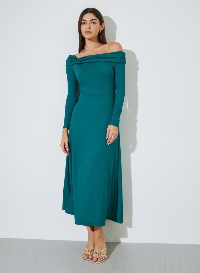 Styli Teal Ribbed Off Shoulder Neck A-Line Maxi Dress - Image 2