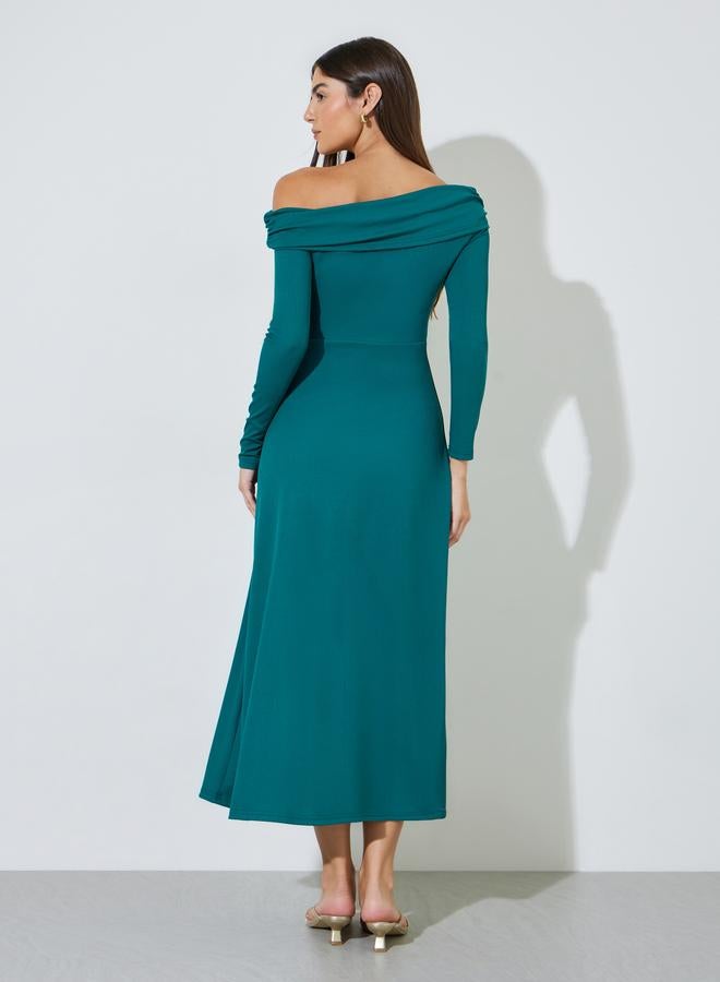 Styli Teal Ribbed Off Shoulder Neck A-Line Maxi Dress - Image 3