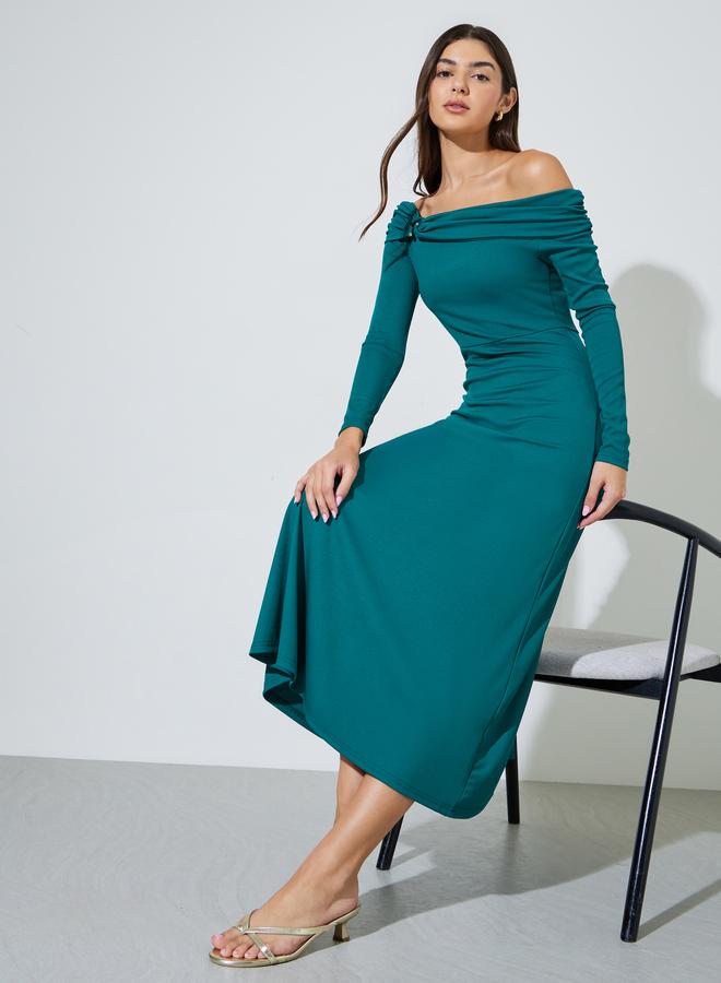 Styli Teal Ribbed Off Shoulder Neck A-Line Maxi Dress - Image 1