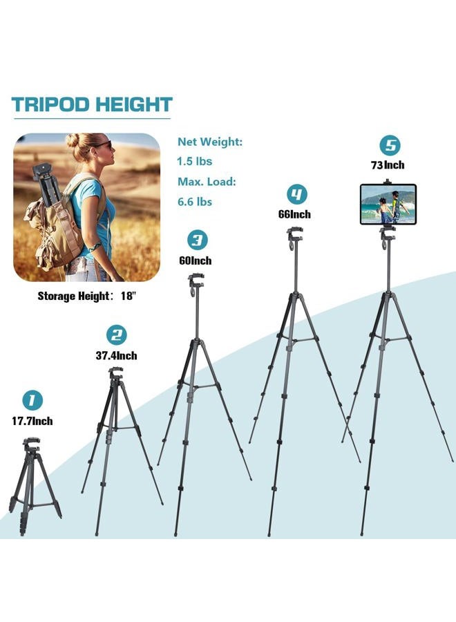 Lusweimi Tripod, Lusweimi 73-Inch Camera Tripod for iPad Pro & iPhone Compatible with Tablet/iPad Pro 12.9 inch, Camera Tripod Stand with Wireless Remote & Bag - Image 2