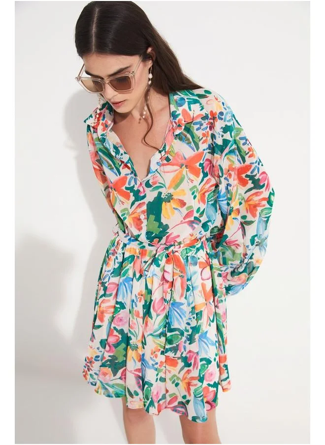 JUNE June Women Floral Patterned Waist Open Mini Lined Chiffon Woven Dress Multicolor