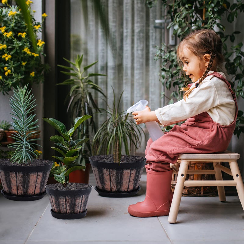 Quarut 6 inch Brown Barrel Planters with Drainage Holes & Saucer, Set of 4, Indoor & Outdoor Garden Home Plants - Image 5