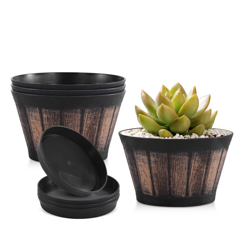 Quarut 6 inch Brown Barrel Planters with Drainage Holes & Saucer, Set of 4, Indoor & Outdoor Garden Home Plants - Image 1