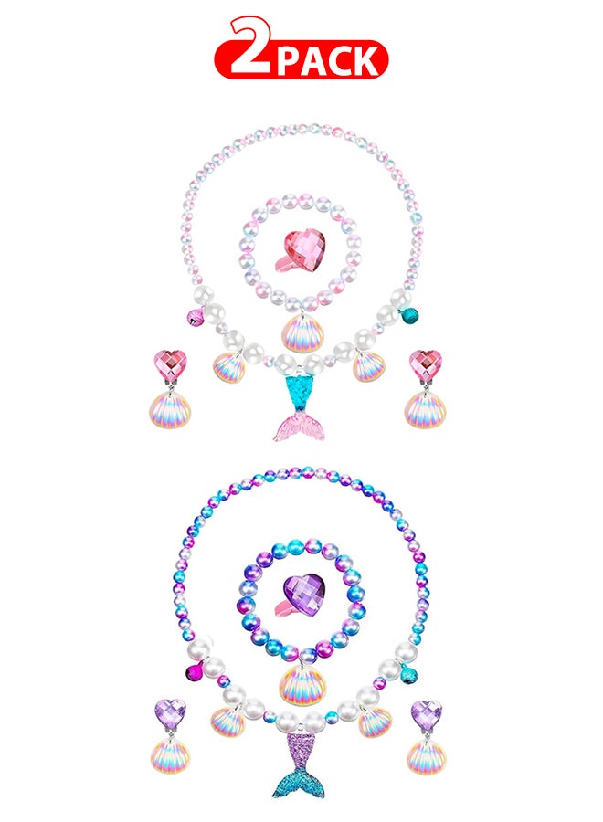 MARGOUN 2 Pack Mermaid Jewelry Set for Little Girls Princess Mermaid Stretchy Necklace Bracelet Earrings Ring Kids Pretend and Dress Up Jewelry for Toddlers Aged 2 3 4 5 Gift  - Image 1