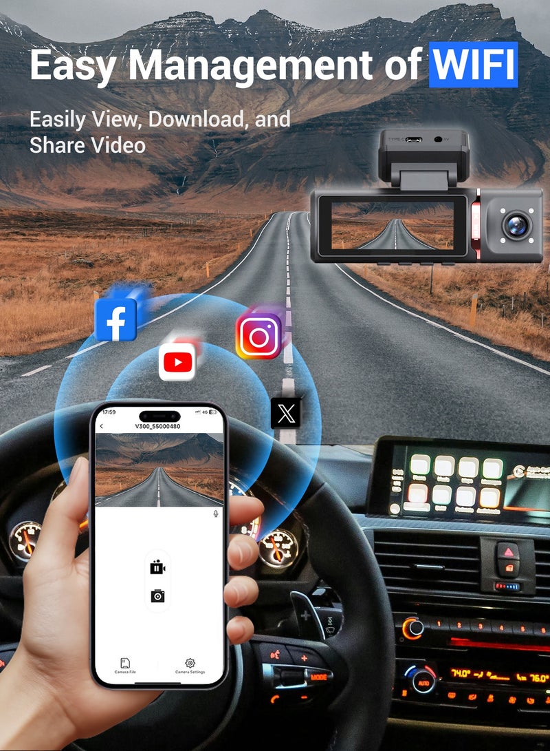 دانسينت كاميرا 4K Dash Cam Ultra HD 3Inch IPS 1080p داخلية وخلفية للسيارة مزودة بكاميرا طريق داخلية وخلفية للسيارة مع بطاقة 32GB GPS للرؤية الليلية G-Sensor ADAS Wi-Fi للتحكم في تطبيق ADAS Wi-Fi 24H مراقبة وقوف السيارات مسجل فيديو - Image 4