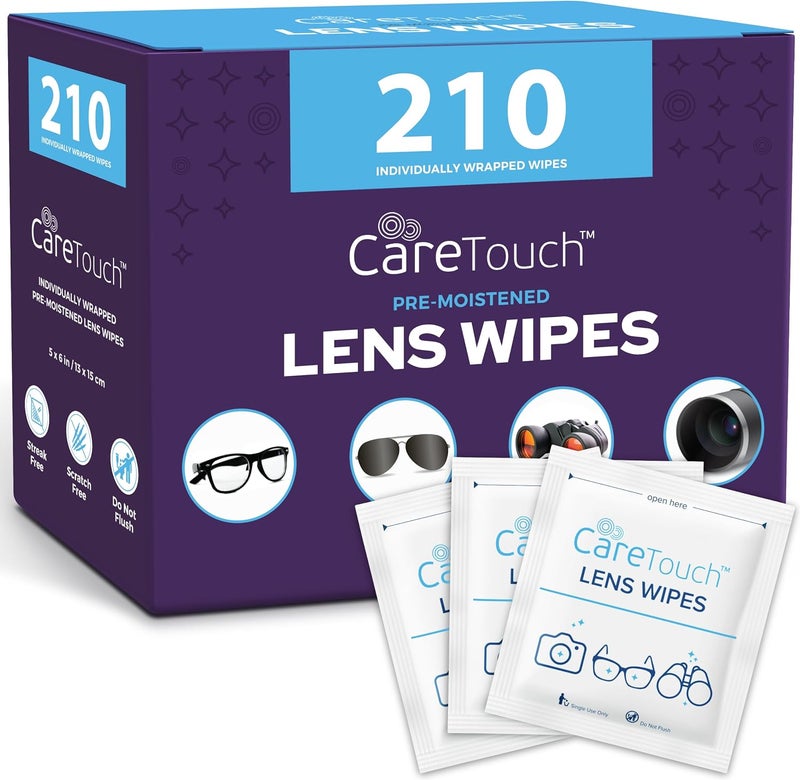 Care Touch Lens Wipes for Eyeglasses - 210 Individually Wrapped Pre-Moistened Wipes, 5x6 Inches - Cleaner for Glasses, Sunglasses, and Screens - Gentle and Portable for On-the-Go Cleaning of Devices - Image 1