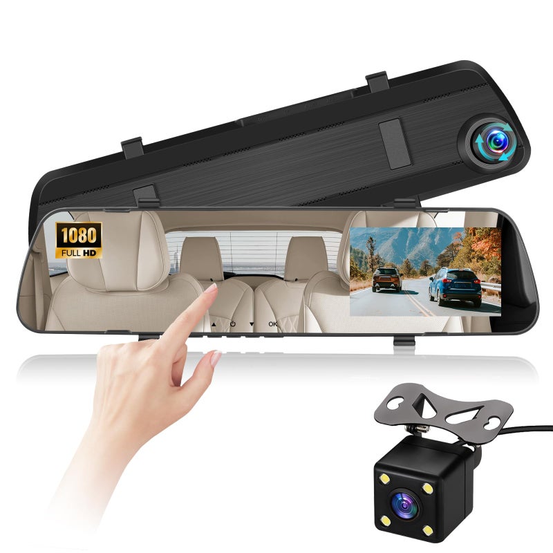 NHOPEEW 1080P Dual Lens Rear View Mirror Camera - 4 Inch Touchscreen Mirror Dash Cam Front and Rear - Exposure Adjustment/Loop Recording/Motion Detection/Parking Assistance + Backup Camera - Image 1