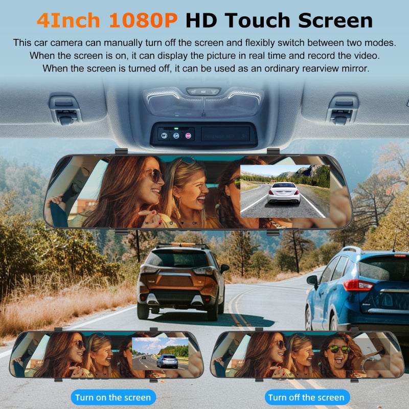 NHOPEEW 1080P Dual Lens Rear View Mirror Camera - 4 Inch Touchscreen Mirror Dash Cam Front and Rear - Exposure Adjustment/Loop Recording/Motion Detection/Parking Assistance + Backup Camera - Image 2