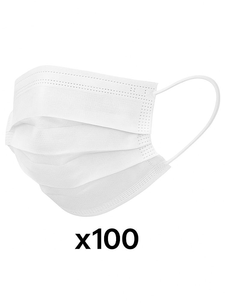 White Disposable Face Masks – 2 Packs × 50 Masks (Total 100 Masks) – 3-Layer Protection with Comfortable Ear Loops