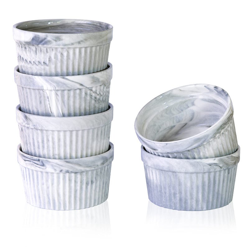 Yundu 8 Ounce Grey Marble Ceramic Ramekins  Perfect for Creme Brulee Oven Safe Baking Bowls  Set of 6