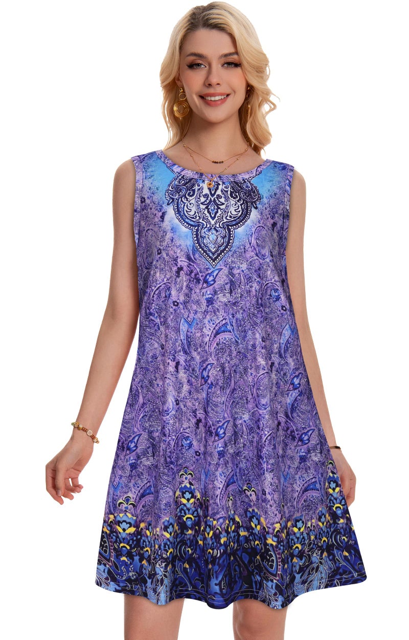 elescat Summer Dresses for Women Beach Boho Sleeveless Vintage Floral Flowy Pocket Tshirt Tank Sundresses(Purple Blue Boho, L) - Image 4